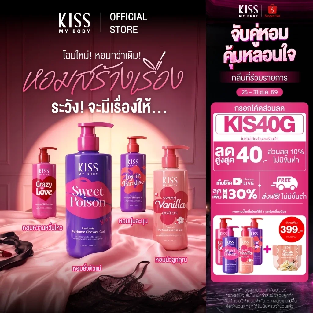 [หอมติดผิว 8 กลิ่นให้เลือก] Kiss My Body เจลน้ำหอมอาบน้ำ คิสมายบอดี้ Perfume Shower Gel 380 ml.