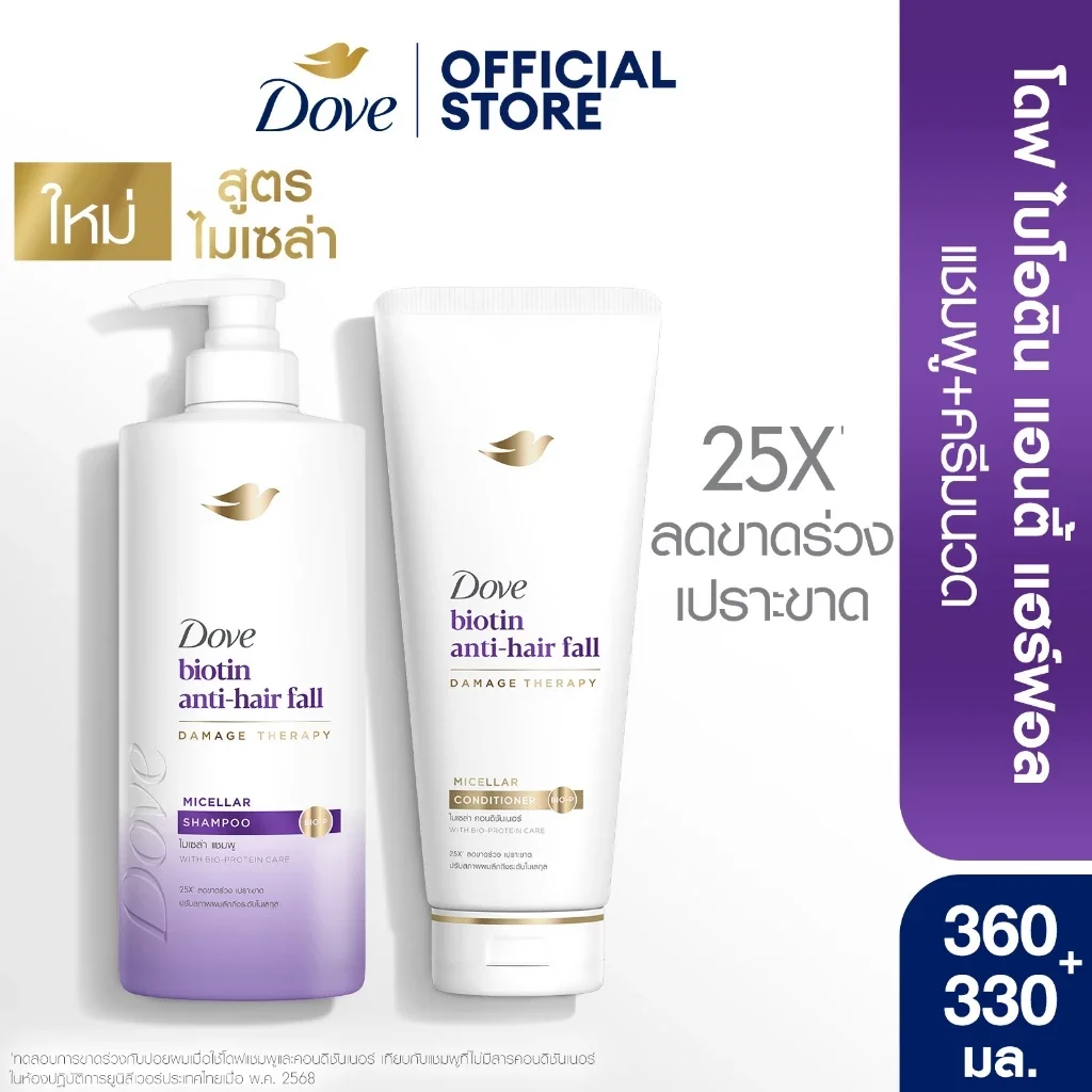 [ซื้อ1แถม1] โดฟ แชมพู ไมเซล่า 360 มล. + ครีมนวด 330 มล. (เลือกสูตรด้านใน) Dove Shampoo 360 ml. + Conditioner 330 ml.