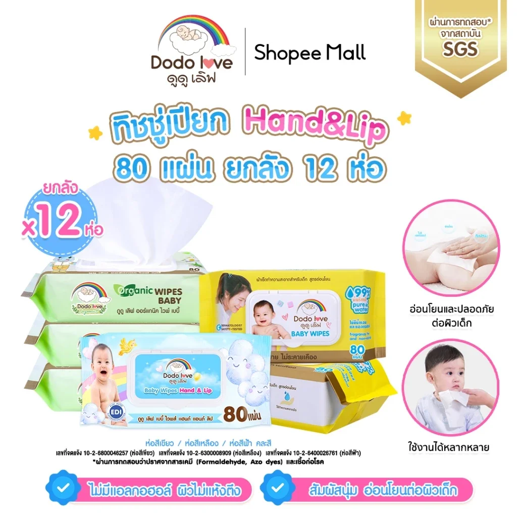 ยกลัง12 DODOLOVE# ทิชชู่เปียก Baby Wipes ผ้าเช็ดทำความสะอาดสำหรับเด็ก ออร์แกนิค ห่อใหญ่ 80 แผ่น