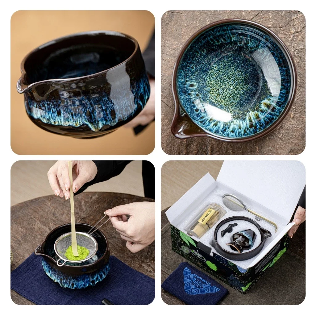 Teanagoo Matcha Whisk Set, ชุดมัทฉะ 7 ชิ้น, ชุดมัทฉะสําหรับพิธี, ชุดน้ําชามัทฉะสําหรับทําอาหารเช้า/มัทฉะลาเต้, ชามมัทฉะเซรามิก whith Spout และ Whisk ของขวัญสําหรับ Matcha L